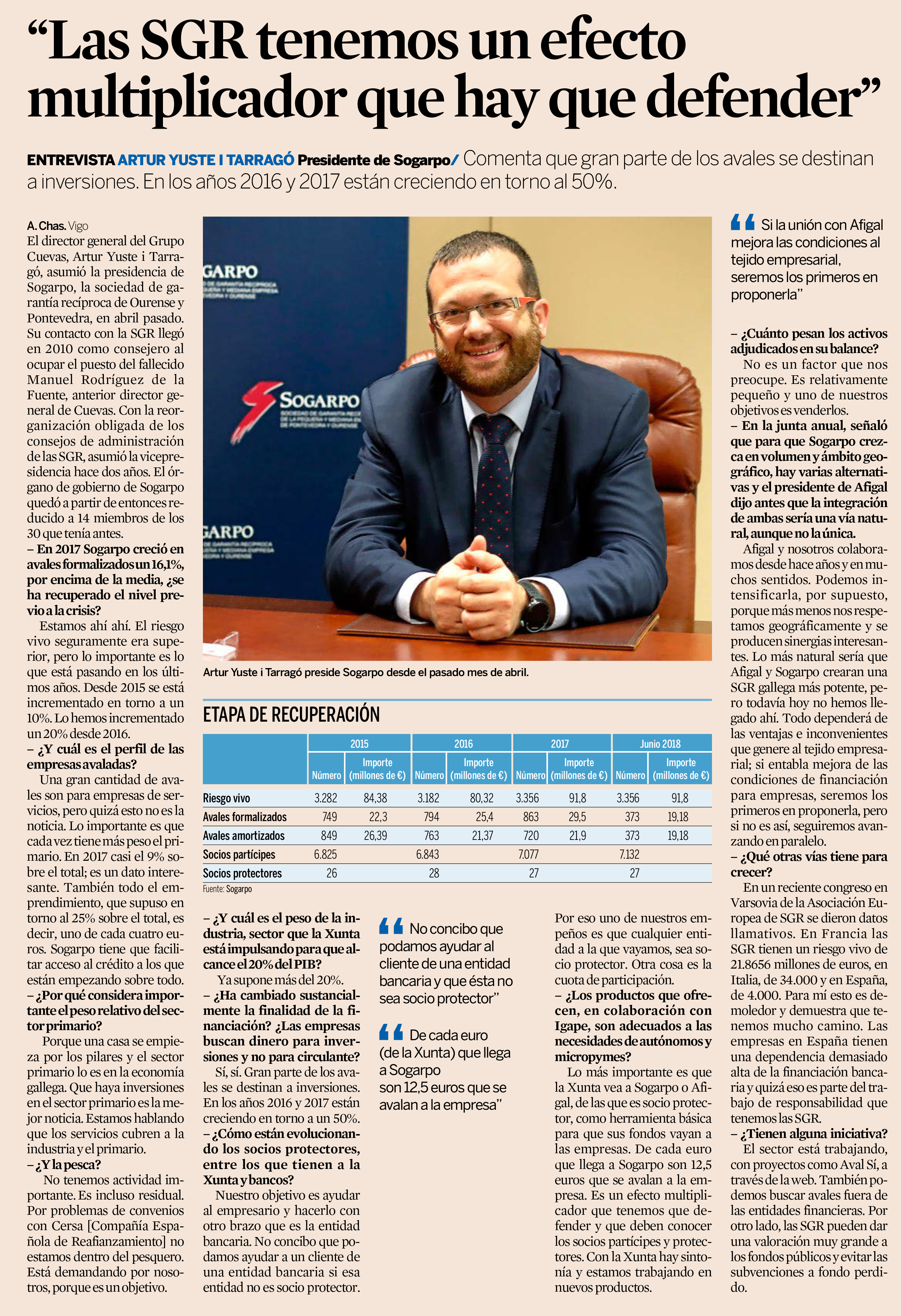 Artur Yuste, presidente de SOGARPO - "Las SGR tenemos un efecto multiplicador que hay que defender" - Expansión - 16 de julio de 2018